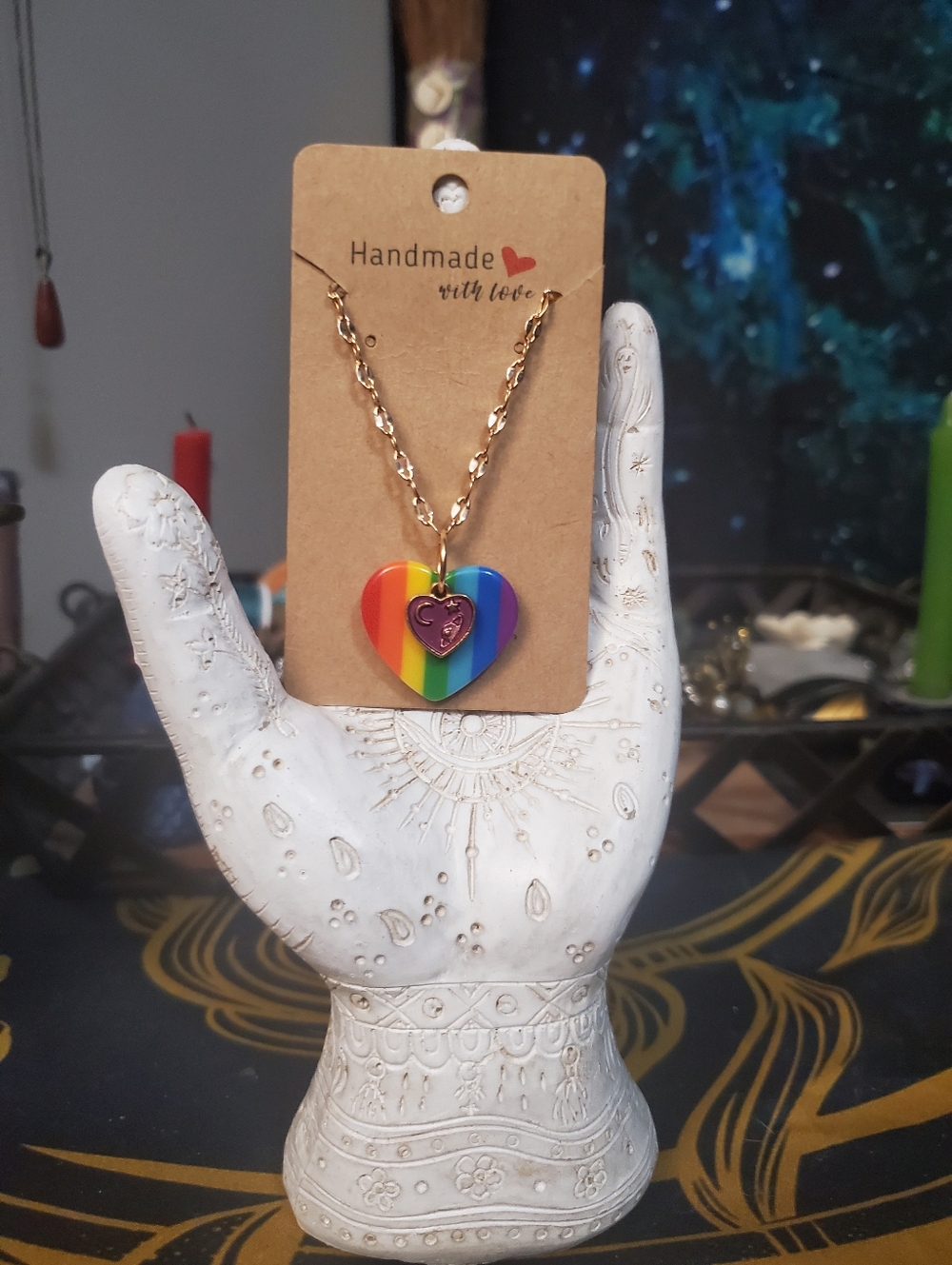 Handmade Rainbow Heart With Purple Heart Pendant Gold Necklace